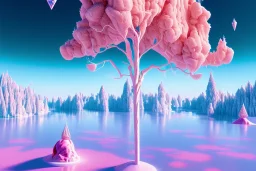 mountain topped with pink ice-cream, lake, trees, mystical, Neo-Dada,