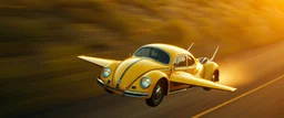 a high definition screen shot of a jet-fighter vw-beetle, retrofuturistic, phototrealism, in flight, one subject,