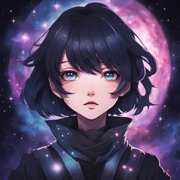 Craft a dark-themed, old-school anime-style portrait featuring a character with a galaxy-like visage instead of a traditional face. Avoid conventional facial features such as eyes and mouth. Utilize a subdued color palette and incorporate classic anime elements, like bold linework and dramatic shading, to evoke nostalgia and depth. Ensure the character exudes the cosmic essence of a galaxy, commanding attention within the composition.