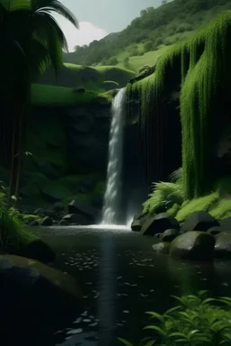 skinny waterfall with greenery around it, cinematic