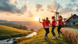 a group of young ladies in sports pants and blouse are dancing to camera in village over high grassy hills,a small fall and river and wild flowers at river sides, trees houses ,next to Ripe wheat ready for harvest farm,windmill ,a pretty train is arriving to station,cloudy sun set sky