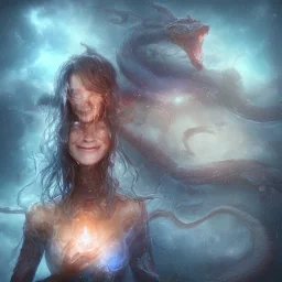 A smiling witch with a beautiful face and full and detailed details performing magic of water, fire, wind and earth with a wooden and crystal wand shining in various colors with a background of large and beautiful dragons flying in an azure sky with A background of a large snake with many heads, in full detail