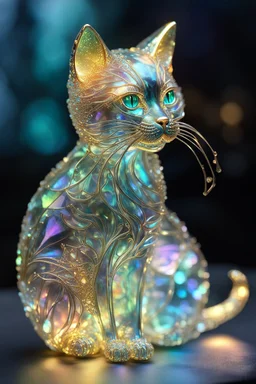 extremely delicate iridescent cat made of glass, sitting, video game style, translucent, tiny golden accents, beautifully and intricately detailed, ethereal glow, whimsical, art by Mschiffer, best quality, glass art, magical holographic glow\\n, Broken Glass effect, no background, stunning