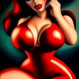 portrait oil on canvas, beautiful busty Jessica Rabbit , intense stare,minimal skintight RED latex dress, realistic, intricate detail , masterpiece, volumetric lighting, Sharp Contrast, highly detailed ,cinematic , deep colours , 8k, in the style of Robert E Howard and pablo oliveira and Adam Hughes