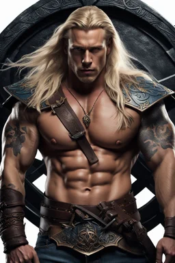 stunningly handsome viking warrior king, muscular, long blonde hair, male age 30, wearing jeans and a shirt, tan skin, tattoos,photorealistic 4k dark fantasy