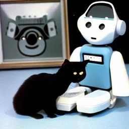 Old photo of 1980s robots and sooty and cat