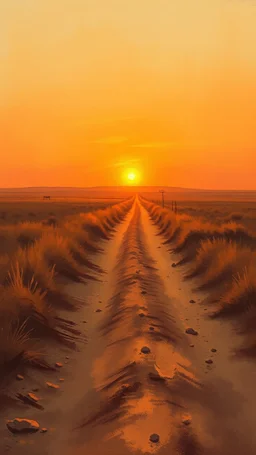 very dusty dirt path with sunset in the prairies, old western, painting based on grainy photo, horizon at 1/3 from bottom, orange brown tones