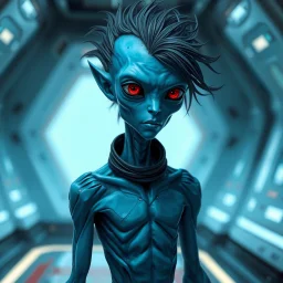 An androgynous blue humanoid alien with messy black hair and red eyes, intricately detailed, standing in a futuristic room