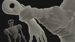 In the picture, a human hand is seen gripping the threads of a puppet. The hand is stark white, while the threads are dark black. The hand holds the threads firmly, suggesting control over the puppet. The puppet stands in the background, completely invisible. Only the black threads extending from the hand to the puppet are visible. This creates a sense of mystery and intrigue. The image is taken from a high angle, creating a dominant effect for the hand. This implies that the hand is powerful