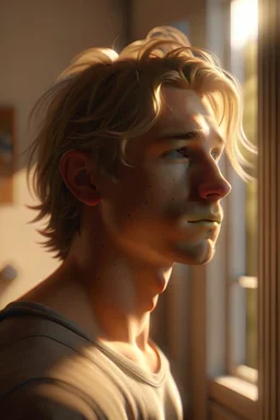 A hyper-realistic portrait of an athletic teen boy with honey brown eyes, messy golden blond hair, cute, innocent and amused, looking out a window, a hint of facial hair, shirtless, slim and lean body, slightly tanned, inside an empty room with warm sunlight streaming in, detailed, high definition, 4K, 8K, quality render, photo realistic