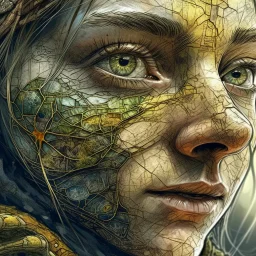 Close up portrait, Grunge, woman as a decaying dried out Pear intricately showing its internal structure and seeds, cyberpunk, ultra unique natural textures, slight imperfections, vray. Modifiers: fantasy intricate dynamic lighting fantastic view hyperrealistic Unreal Engine matte background cinematic postprocessing VRay acrylic art pencil sketch creepy art station Gustave Klimt wet on wet watercolor Double exposure wet on wet Craig Rutkowski intricate fantasy