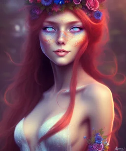 beautiful girl, red long hair, corsage, smile, blue eyes, fellmütze at forest fantasy art