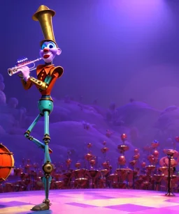 mechanoid clown playing jazz with a steampunk theme, trumpet, realistic