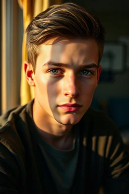 create a photorealistic portrait of 18-year-old Biff Vandersloot sitting by the window in the late afternoon, with natural sunlight casting warm golden light across his face revealing the texture of his skin, sharp focus on his eyes showing depth, moisture, reflections, with a soft bokeh background of the room behind him.