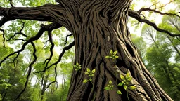 Bold, ink-based illustrations, strong lines and high contrast, close-up of dry stitches in the seams of a large, ancient oak tree, featuring detailed textures of the bark and stitching; limbs intertwining with small, vibrant green leaves; a quiet forest background with soft sunlight filtering through the canopy above.