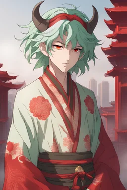 Man with light green hair, buffalo horns, vivid red eyes, dull red silk Oriental clothes, worried, cityscape background, RWBY animation style