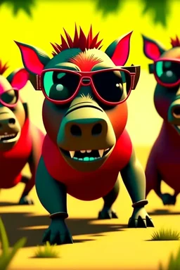 Close-up animation of a mischievous group of wild warthogs wearing sunglasses and attempting to breakdance in a comical fashion.