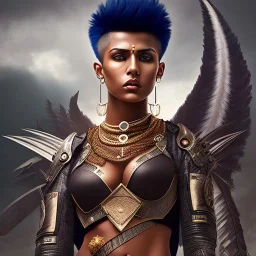 fantasy setting, woman, dark-skinned, indian, ranger, 23 years old, mohawk haircut, mohawk haircut, longer hair