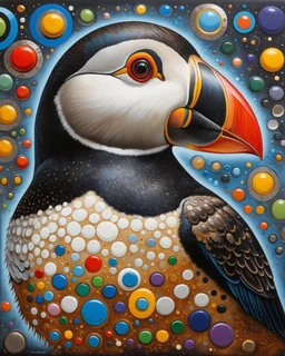 A colorful puffin in the style of Yayoi Kusama, surrounded by circles and dots, with an abstract background. The puffin is depicted as if it were painted using oil paints on canvas, giving it a three-dimensional appearance. It has vibrant colors like blue, red, yellow, green, orange, purple, white, black, brown, silver, and gold. It has intricate patterns that give depth to its form.