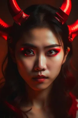 Beautiful devil asian girl with devil horns on her head, with brown eyes, detailed, looking at the camera, princess