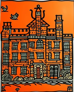 A light rosy orange colored European castle in a city painted by Keith Haring