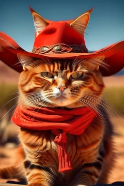 gato colorado, vestido de cowboy, dentro de el lejano oeste. clima desértico, flora y fauna autóctona