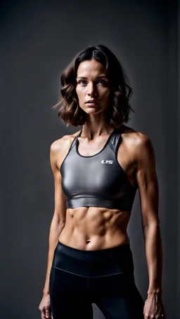 photography of a beautiful anorexic woman, grey satin triathlon top, sports illustrated, brunette short wavy bob haircut, pronounced sternum, flat chest, anthracite short leggins