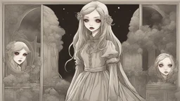 comic style, In the pallid moonlight, a peculiar girl appears - a vampire, her skin a haunting shade of spectral grey, as if she herself were wrought from the lonely heart of a forsaken moon. Cruel rubies are set into her eyes, glowing with ominous liveliness against her lifeless pallor. Blood, a sinister accompaniment to her form, the colour of garnet, seems to drip off her like a macabre jewel, casting a chilling aura of dangerous enchantment about her.