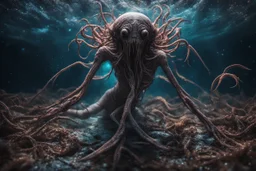 cosmic horror, nightmare, galaxy interwoven with dread, truth, alien underwater, fullbody, feet point view, creepy, horrifying, sinister, many worms parasite creature connected to the head, sparks around her, intricate, 8k, macro photography,