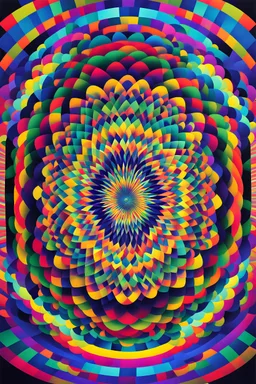 'Prompt: A colorful, psychedelic pattern that appears to be in motion due to the optical illusion created by the arrangement and design of the colors and shapes. It features a vibrant, multicolored pattern arranged in concentric circles, an optical illusion of motion, making the static image appear as if it’s spinning or pulsating. It includes a mix of blue, green, red, yellow, and other hues blending seamlessly into each other. The center of the pattern has a star-like shape from which all the