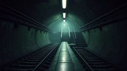 GAME CONCEPT ART .two poin perspective.Station platform and stairs from side .photograph inside of hole .very big ambient.gient station.Inside the old subway tracks, . Low light and closed green moss walls. Like the original design of the game space ,digital art.landscape,far camera old painting,2 Chen and George Hopper, Rembrandt lighting, a dark green color scheme, . --ar 13:16 --v 6. 0 metro game