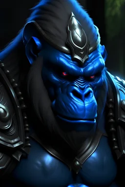 a warrior gorilla with blue eyes and black and blue armor