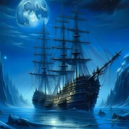 "The Ghost Ship" from "The Rime of the Ancient Mariner" - a haunted ancient ship encircled by the full Moon, in an Arctic landscape - Gustave Doré style - colorful, ultra high quality, sharp focus, focused, high focus, very sharp, high definition, extremely detailed, hyperrealistic, intricate, fantastic view, very attractive,
