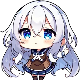 Clear focus, High resolution, long white hair, hair between eyes, straight long locks, sparkling blue eyes, wearing a sailor uniform, wearing a sailor skirt, wearing a brown vest, cute, 1girl, fluffy hair, cute, chibi, cartoon, rough line art, white background, Anime Diffsion