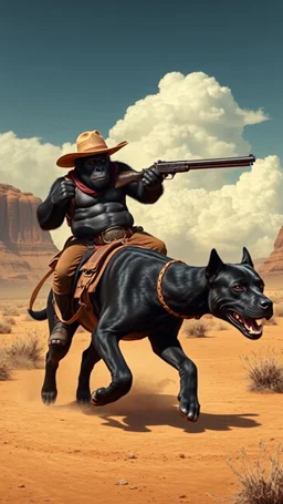A gorilla with cowboy hat riding holding a gun on a Great Dane black dog running in the desert , a cloudy wether in the background