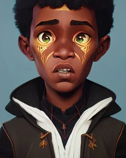 Portrait of a gorgeous black skinned toddler warlock boy with dark hair by Jim Kay