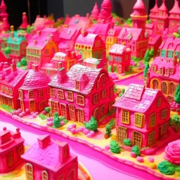 A rosy pink town made out of candy painted by Claude Monet