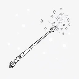 Make black and white cute drawing of a Magic Wand with black bold lines. Only outline, no grayscale. A slender wand with swirling stars and sparkles shooting from its tip. Decorate it with intricate carvings or a glowing crystal at the end. Place it against a soft magical background with shimmering lights.