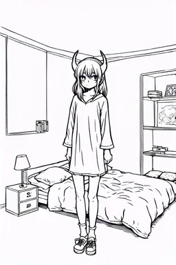 girl with demon mask in big bedroom, line arts, manga style