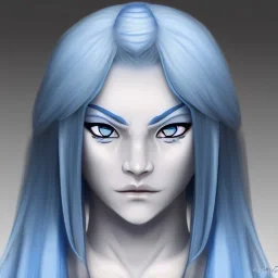 Female Air Genasi Monk with pale blue skin tone, white hair, grey eyes, and serene facial expression.