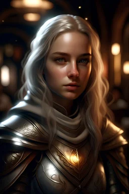 portrait of a beautiful female elven young paladin, messy ashen hair, pale white eyes, white skin, dressed in an ornamented light plate armor, wearing a hood and a silver circlet, confident, evil, unholy symbol, standing in a tavern, realistic, dim torch lighting, sexy, cinematic lighting, highly detailed face, very high resolution, looking at the camera, centered