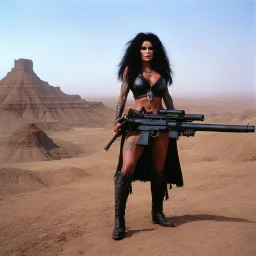 tattooed Julie Strain in action, standing on a dusty hill in the badlands - Heavy Metal F.A.K.K.2 her machine-gun in hand (shot from The Dark Crystal, 1982 dark fantasy film directed by Jim Henson and Frank Oz)