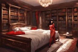 Vampirella in a bedroom with wooden furniture, bookcases and opulence