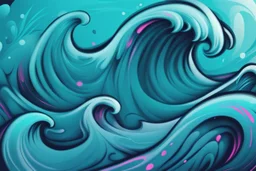 a background of surf waves with black linework, blue teal tones, surf culture, kawaii cute. + vector linework. swirling in bottom right. add pink and magenta graffiti lines over edges