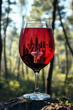 Create hyper-realistic photo of a wine glass in a wild forest. Inside, a miniature [New York] with landmarks. A trasparrent 3D text of [New York] a ballerina dancing on a open stage blends naturally into the landscape . Soft bright daylight, reflections, and subtle imperfections like fingerprints. DSLR quality, sharp focus.