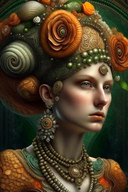 Beautiful humanoid lady wearing lace patterned snail portrait, with extremely textured house adorned with lace beads, black diamonds and leaves orange, green beige. Brown ginger leaves white flowers bioluminescense water drops Organik bio spinal ribbed detail of rococo ornate full floral creative background extremely detailed hyperrealistic maximálist concept art