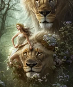 Young beautiful girl with a floral crown next to a majestic, stunning lion on nature forest path, Chronicles of Narnia, 8k resolution, high-quality, fine-detail, iridescent, intricate, digital art, detailed matte, volumetric lighting, beautiful, illustration, 3D octane render, brian froud, howard lyon, selina french, anna dittmann, annie stokes, lisa parker, greg rutowski,