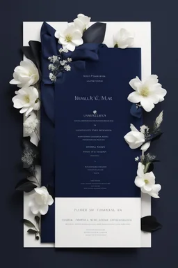 An extremely formal, funeral program for a black man on darkest blue deeply pigmented velvet paper with brilliant, brightest heavy white fonts, simple, minimalistic, less element, very dramatic lighting, detailed, white flowers,