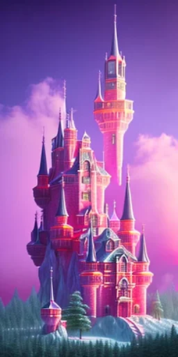 Ice cube shaped castle. pink houses, pink sky, pink smoke, trees, outdoors. street.