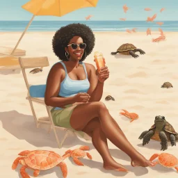 Portrait of black woman enjoying popsicle, enjoying the sun. She's at the beach with turtles and baby crab